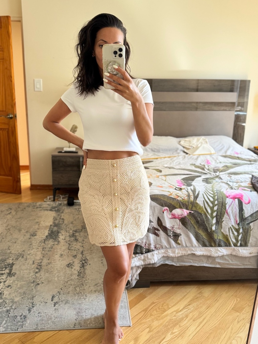 Maje Cream Crochet Button-Front Mini Skirt